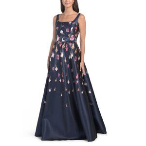 RENE BY RENE RUIZ Navy Multi Sleeveless Floral Mikado Gown With Belt